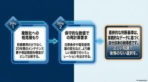 ステップ1「複数社への相見積もり」、ステップ2「保守的な数値での再計算要求」を経て、客観的データに基づき納得感のある選択をするためのロードマップ。