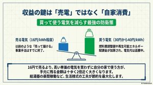 売る電気よりも買う電気の単価が高い現状において、自家消費が最強の防衛策であることを示す天秤の図。