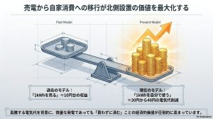 1kWhを売る収益（10円台）よりも、自分で使って電気代を削る価値（30〜40円）の方が高いことを示す天秤の図。