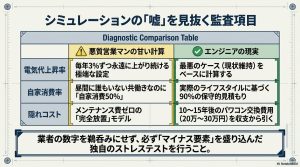 悪質営業マンの甘い計算(電気代上昇率やメンテナンス費ゼロ)と、エンジニアの現実的な見積もりを対比させた比較表