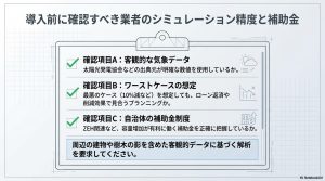気象データ、ワーストケース想定、自治体の補助金制度を網羅したシミュレーション確認項目のチェックリスト。