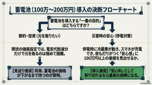 蓄電池を導入する目的が「節約・投資」か「災害時の安心」かによって、導入を見送るべきか推奨するかを判断するフローチャート