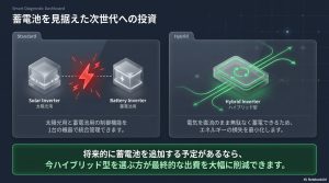 太陽光用と蓄電池用を別々に設置する標準型と、1台で統合管理してエネルギー損失を最小化する最新ハイブリッド型のシステム比較図。
