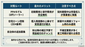 PPAモデル、住宅ローン控除、自治体の追加募集という、補助金条件から外れた場合の3つの代替戦略のメリットと注意点をまとめた比較図。
