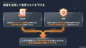 自治体の省エネ支援制度、火災保険の適用条件、および申請に工事前の現場写真が必要であることを示したコスト削減制度の解説図。
