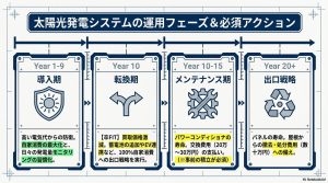 導入期、転換期(卒FIT)、メンテナンス期、出口戦略(撤去)の各フェーズで必要なアクションをまとめたタイムライン図