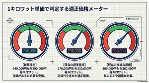 新築・既築別の1kWあたりの適正価格をメーターで示した判断基準図