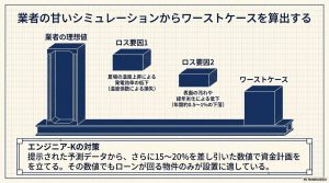 夏場の温度上昇や経年劣化、表面の汚れをロス要因として理想値から差し引き、ワーストケースを算出するステップ図