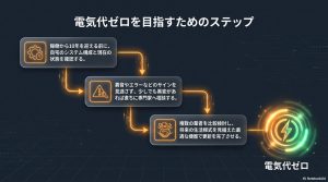 稼働から10年を迎える前の状態確認、異音やエラーなどのサインでの専門家相談、複数業者の比較検討を経て最適な機器更新を行い電気代ゼロを目指す3つのステップ図。