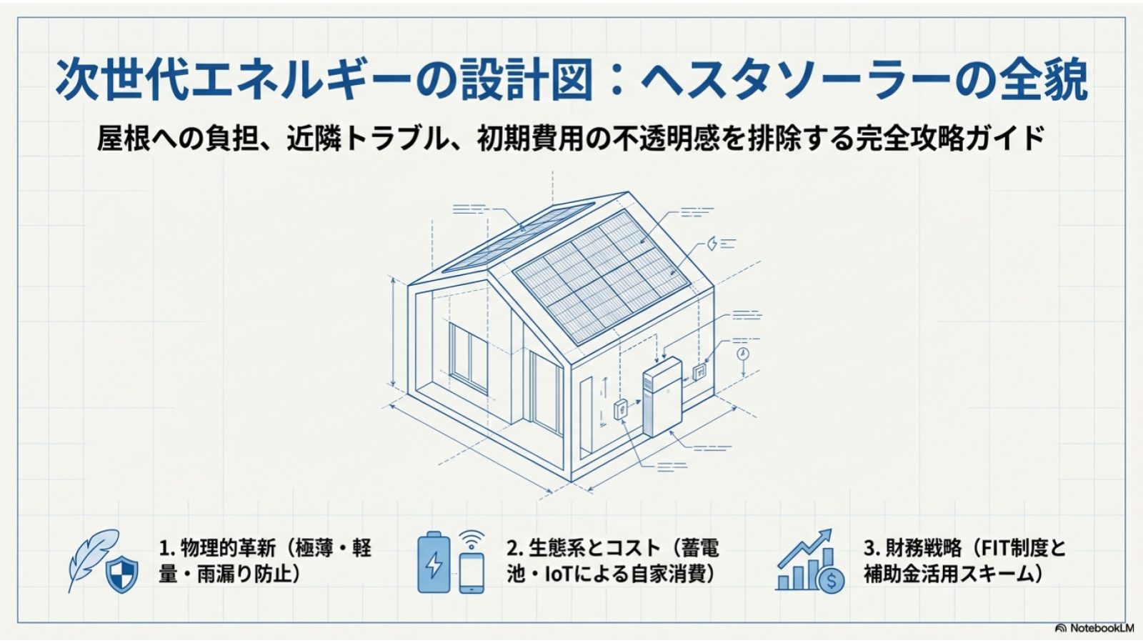 HESTAソーラーの価格、性能、蓄電池セットの相場、補助金活用法などを網羅した解説スライドの表紙