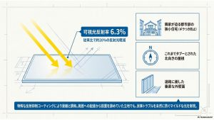 可視光反射率を6.3%に抑え、近隣との反射光トラブルを防ぐHESTAソーラーの光害対策スライド