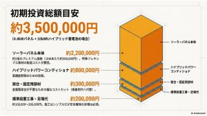 4.4kWパネルと10kW蓄電池セットで約350万円の目安と、部材・工事費用の内訳を説明するスライド