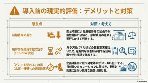 初期費用の高さ、耐用年数の短さ、北面設置時の発電効率低下などのデメリットと対策をまとめたスライド