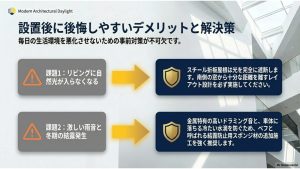 スチール折板屋根によるリビングの遮光問題、雨音ドラミング、冬の結露対策（ペフ施工）など、設置後に後悔しがちなデメリットと回避策をまとめたスライド。