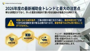 東京都の大型助成金など、蓄電池やV2Hとの同時設置による優遇措置と、契約・着工前の事前申請が必須となる補助金申請の注意点を解説したスライド。